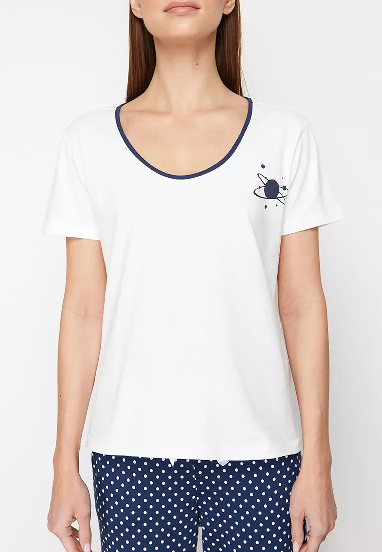 White-Multi Color Cotton Polka Dot Knitted Pajamas Set THMSS24PT00323