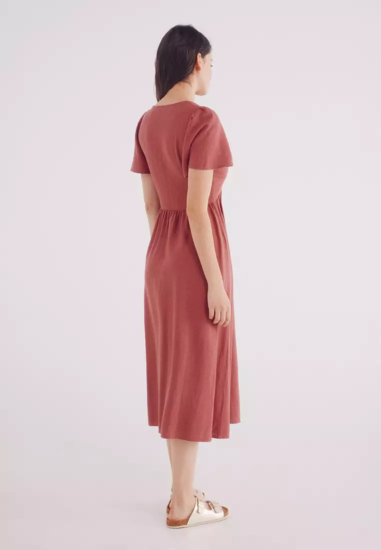 Midi Dress with Gathered Detail in Linen Blend
