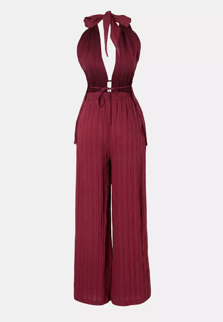 Burgundy Woven Gathered Beach Blouse-Pants Set Tbess25Au63