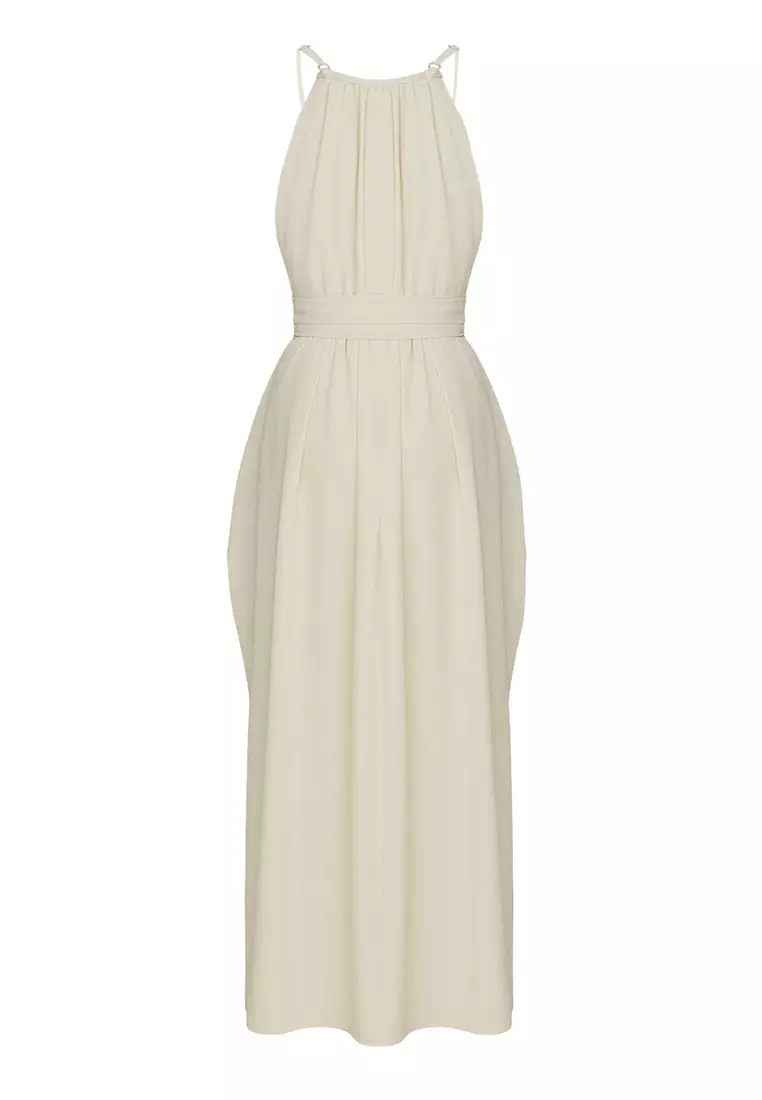 Beige Maxi Woven Belted Beach Dress Tbess25El00086