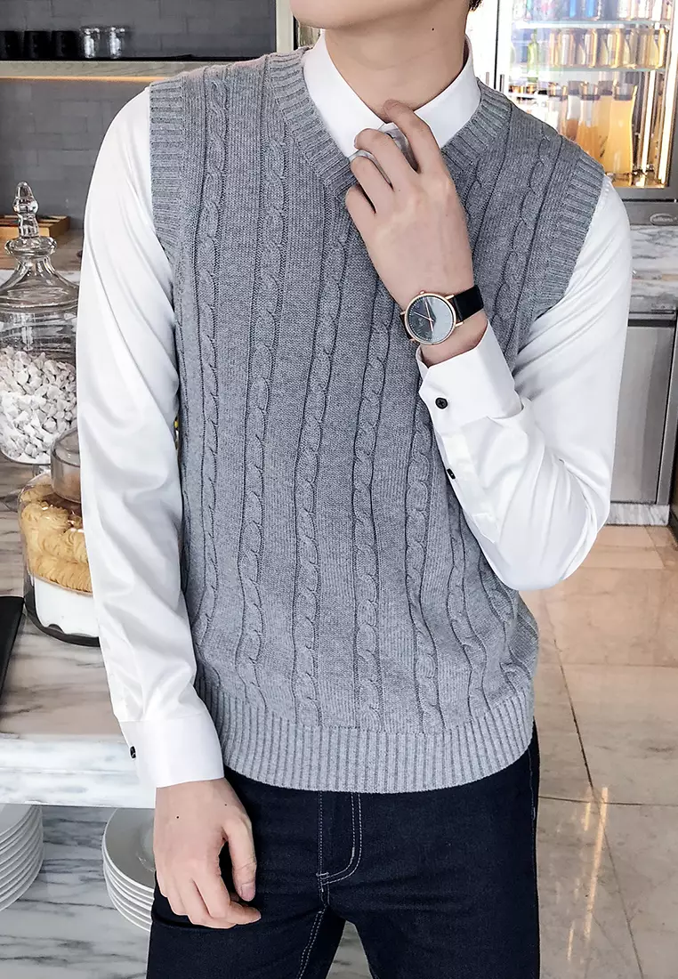 V-neck Jacquard Knitted Vest XH1823