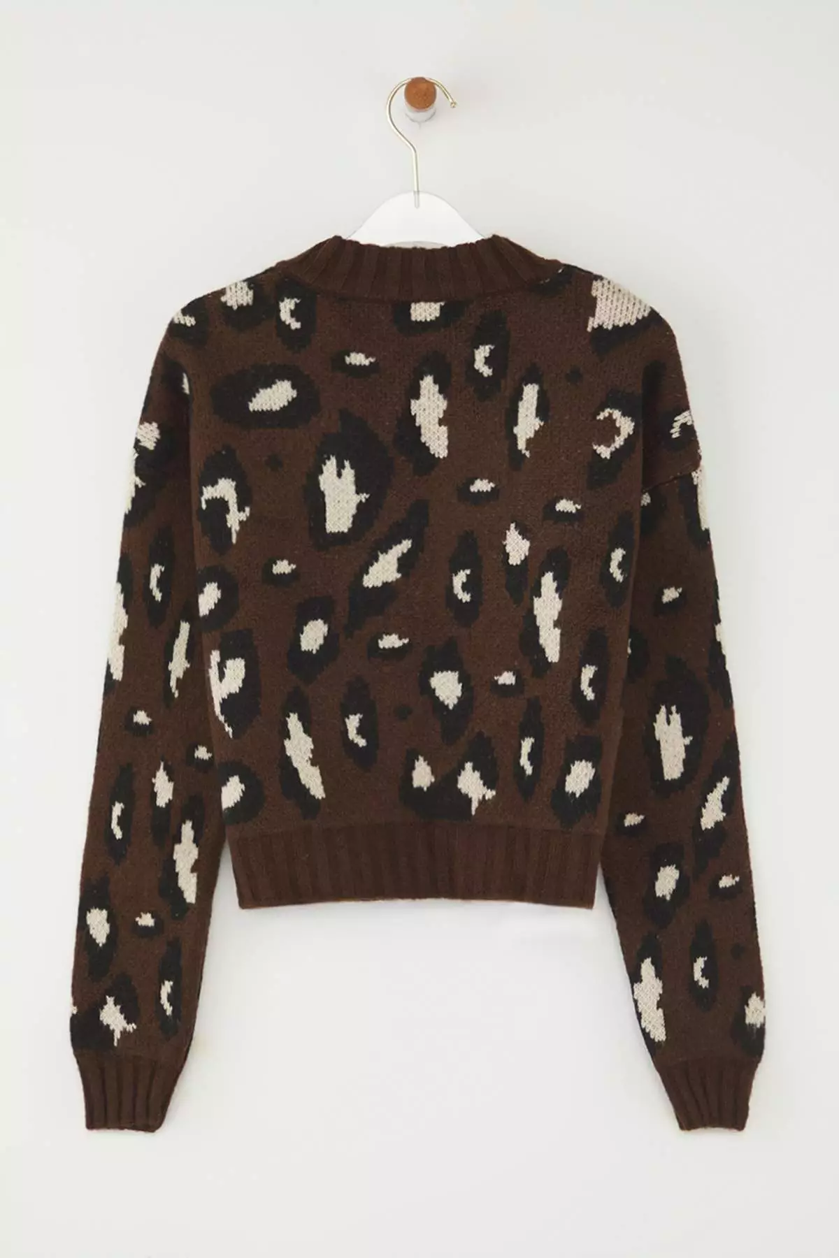 Brown Leopard Print Crop Soft Textured Knitwear Cardigan