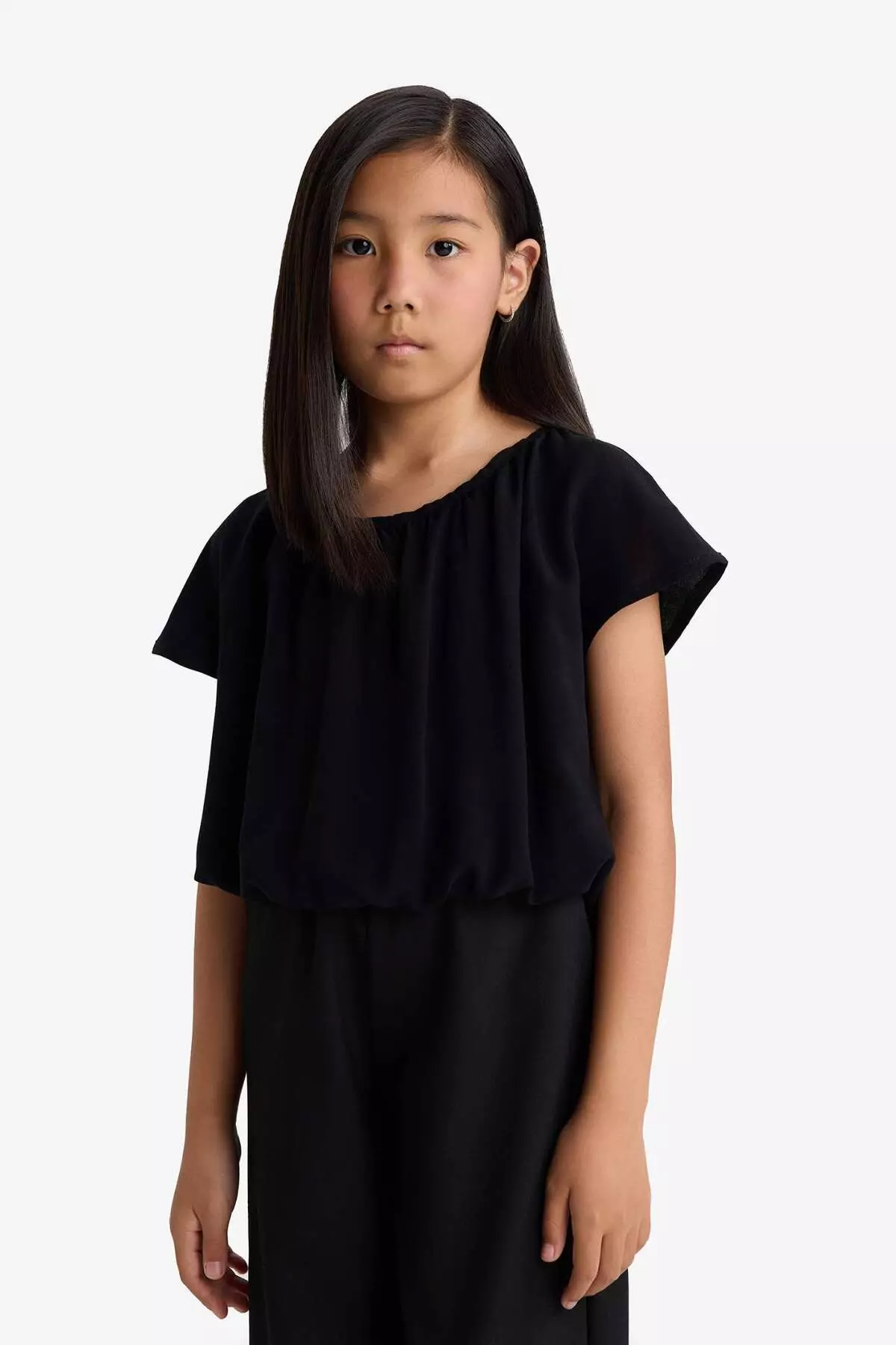 Girls' Round Neck Short Sleeve Black Blouse E6855A825Sm