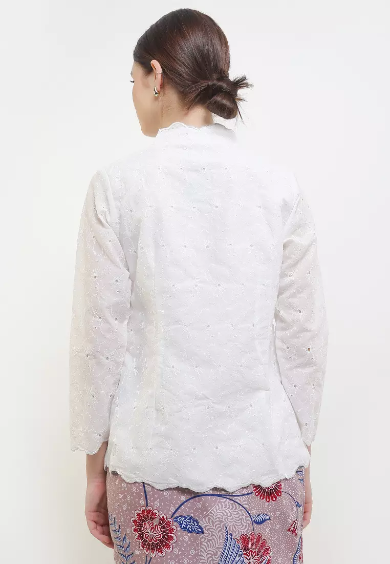 Blouse Atasan Kebaya Kutubaru Modern Wanita Kartini Anjena White Lengan Panjang