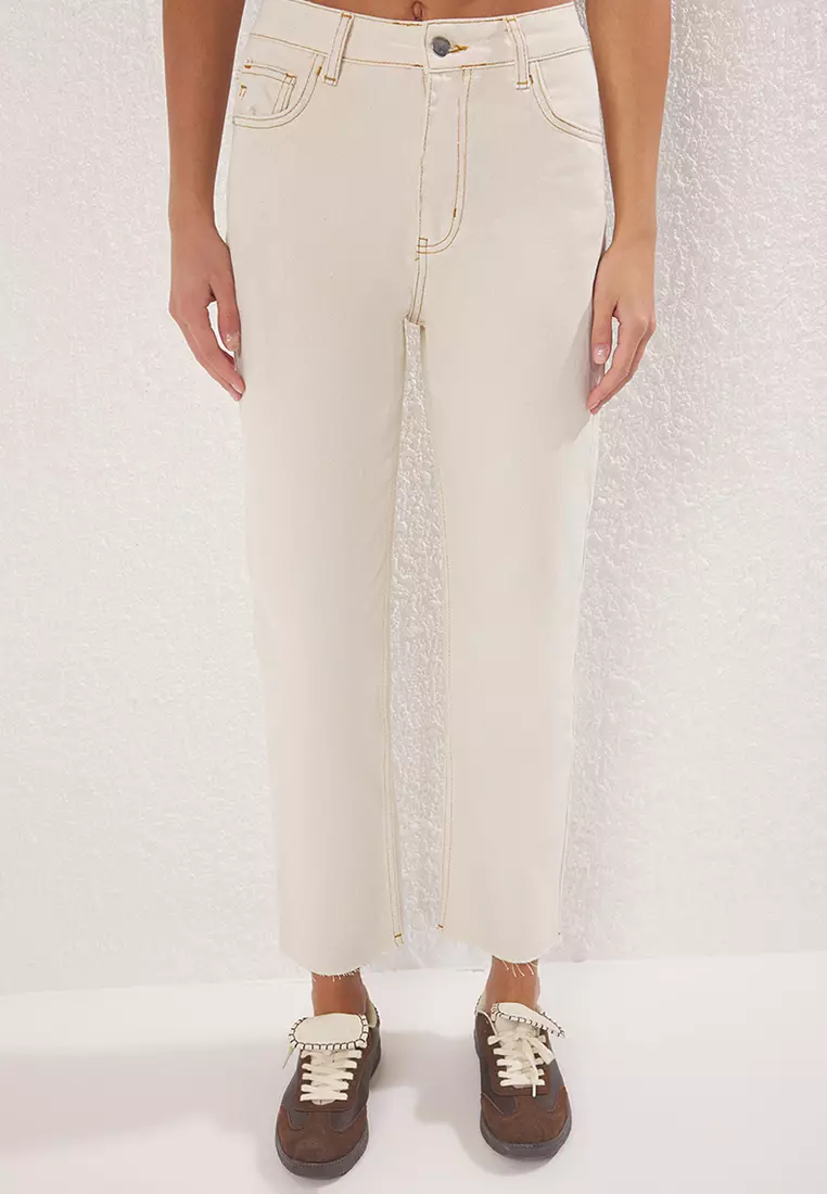 Ecru Cut-Off High Waist Straight Jeans TWOAW25JE00307