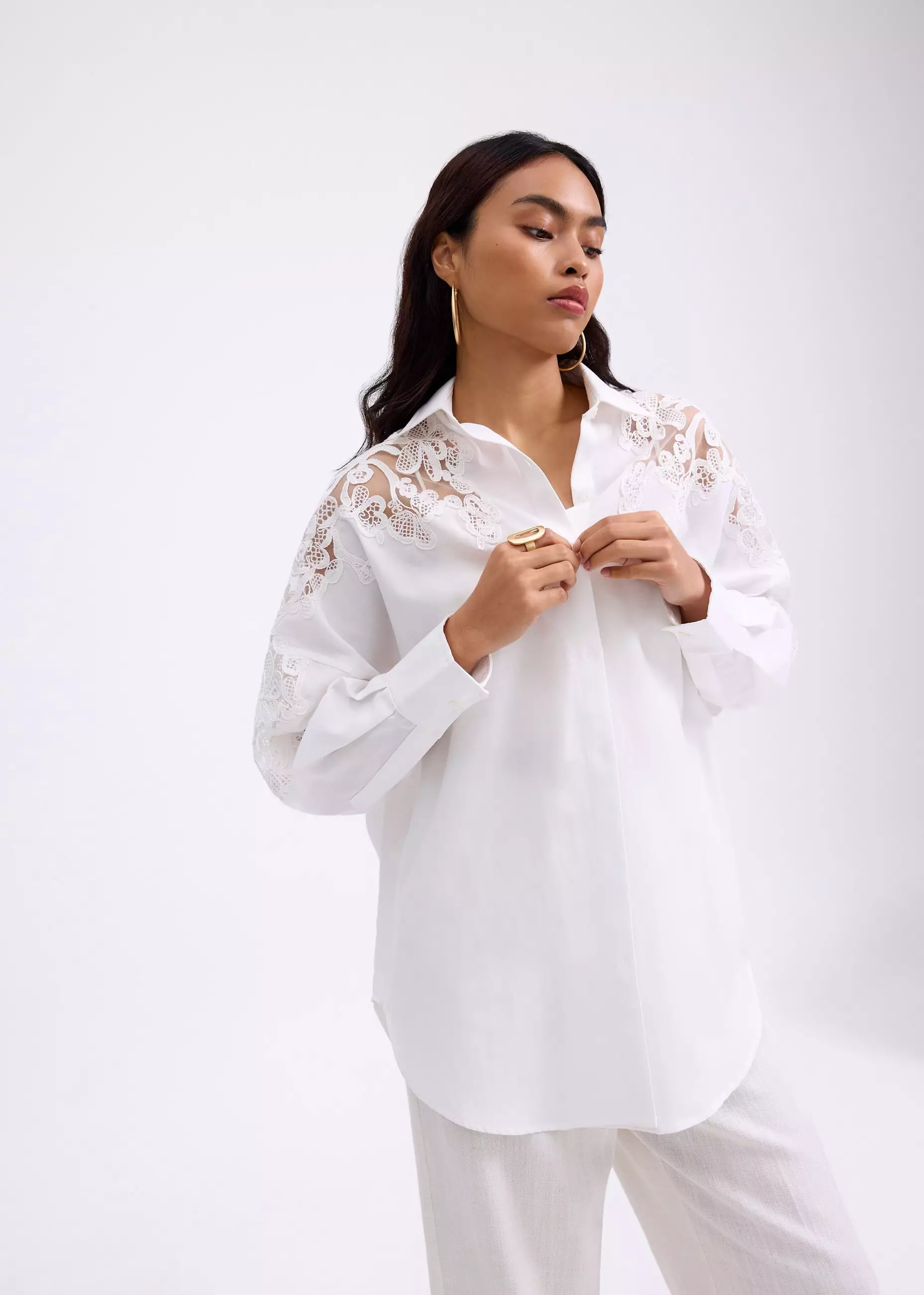 Atasan Wanita - Oversized Lace Patchwork Button-Down Collared Shirt
