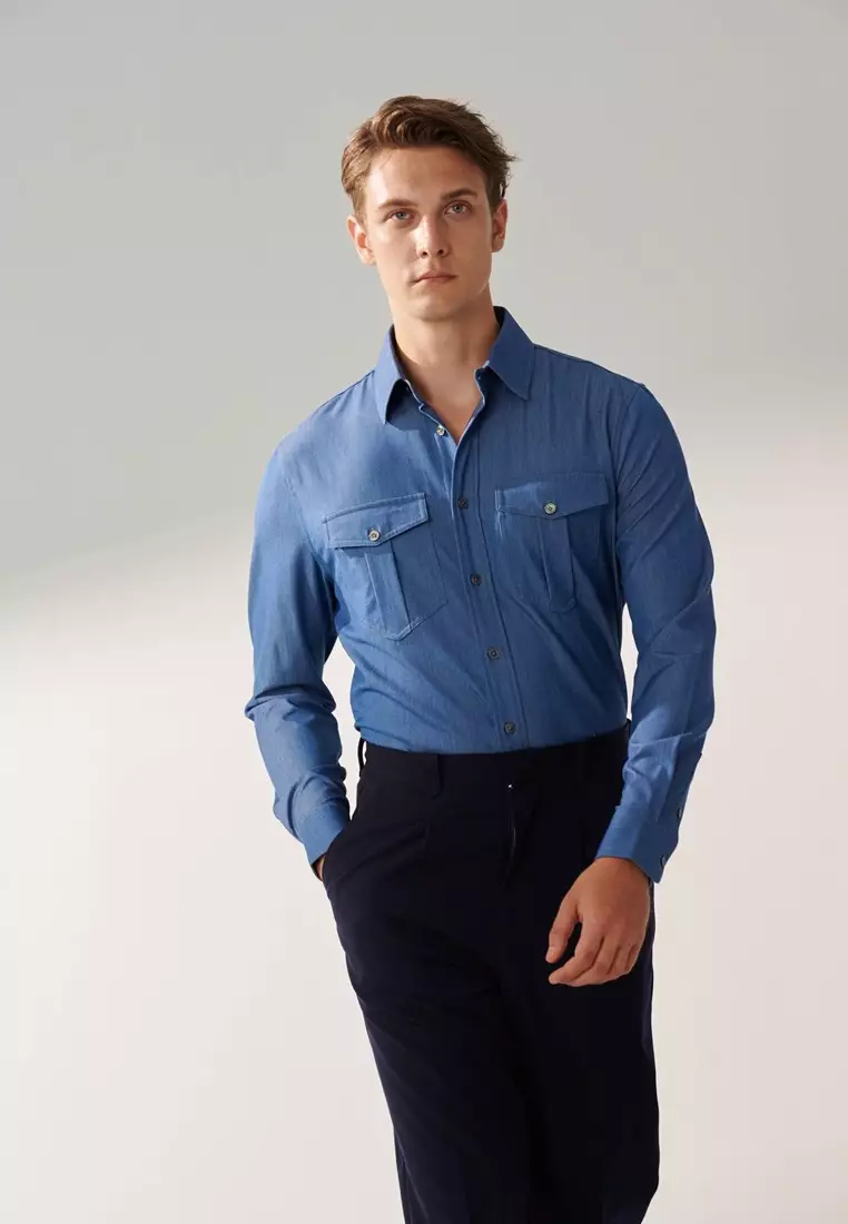 Sky Blue Double Pockets Casual Denim Shirt