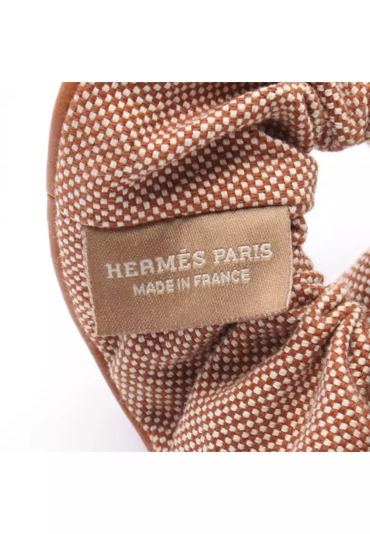 Pre-Loved Hermès scrunchie claudia Blanc air hair accessory toile ash leather Brown off white