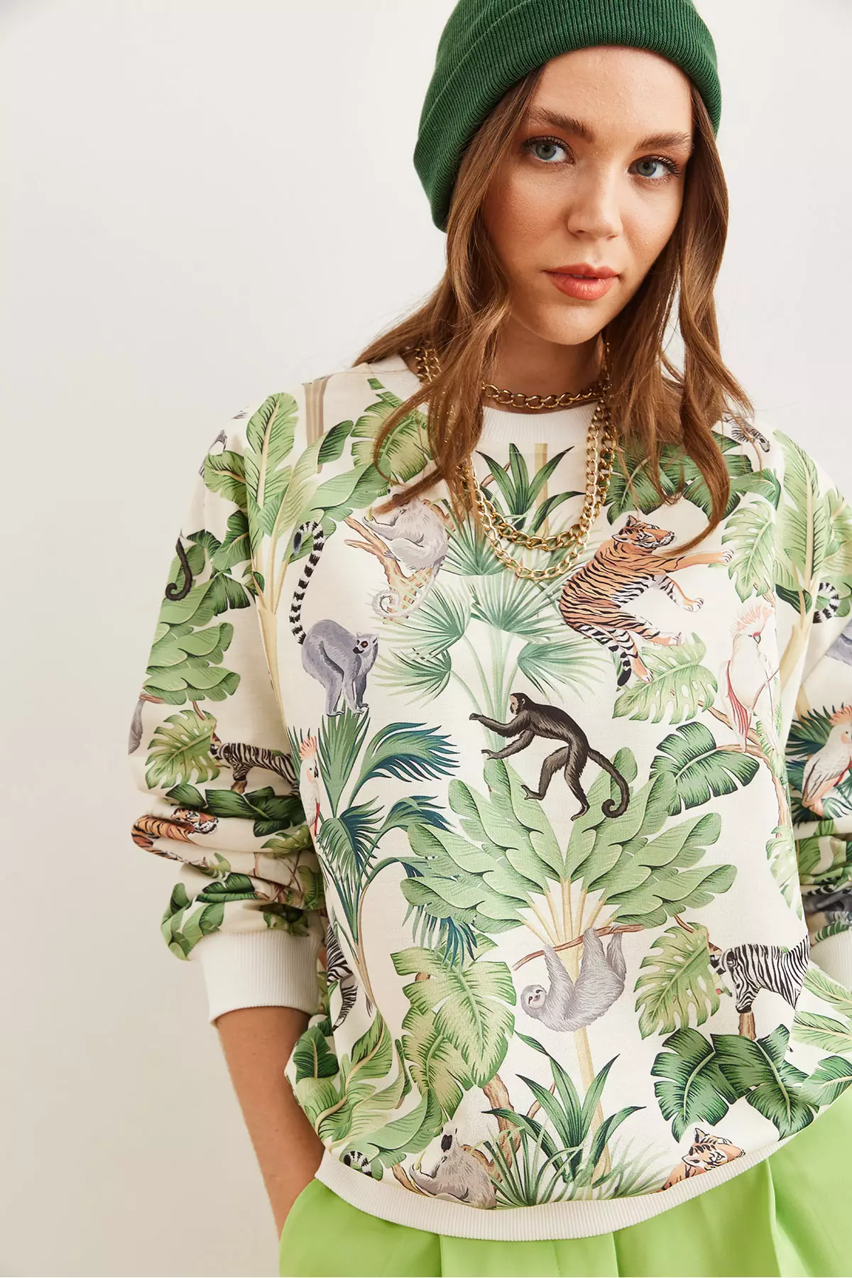 Women's Jungle Ecru Basic Soft Textured Casual Sweatshirt Swt-19000457