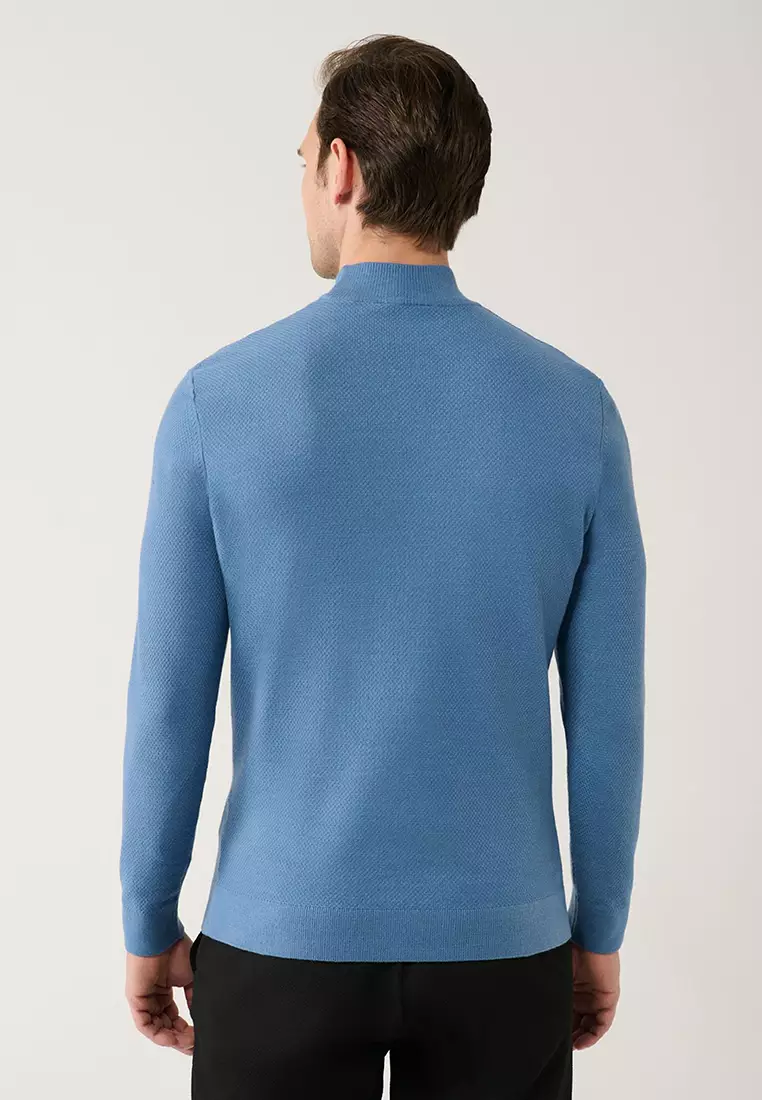 Men's Blue Half Turtleneck Textured Collar Knitwear Sweater A32Y5166