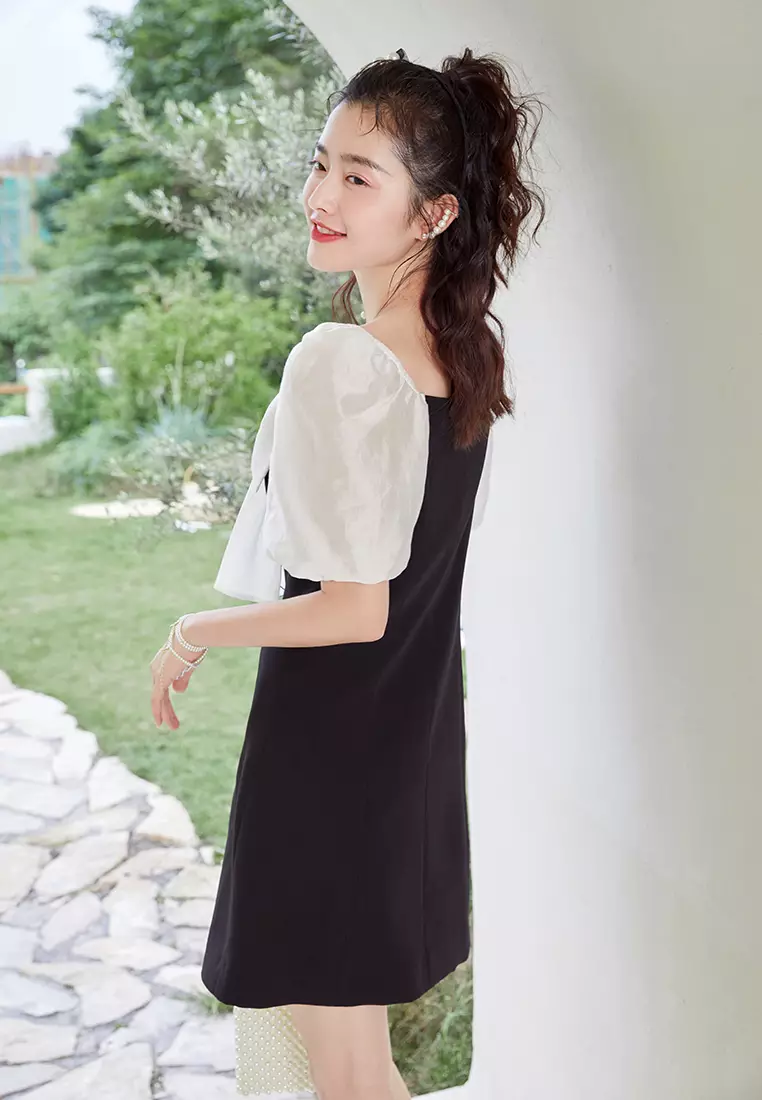 Puff Sleeve Two Tone Mini Dress