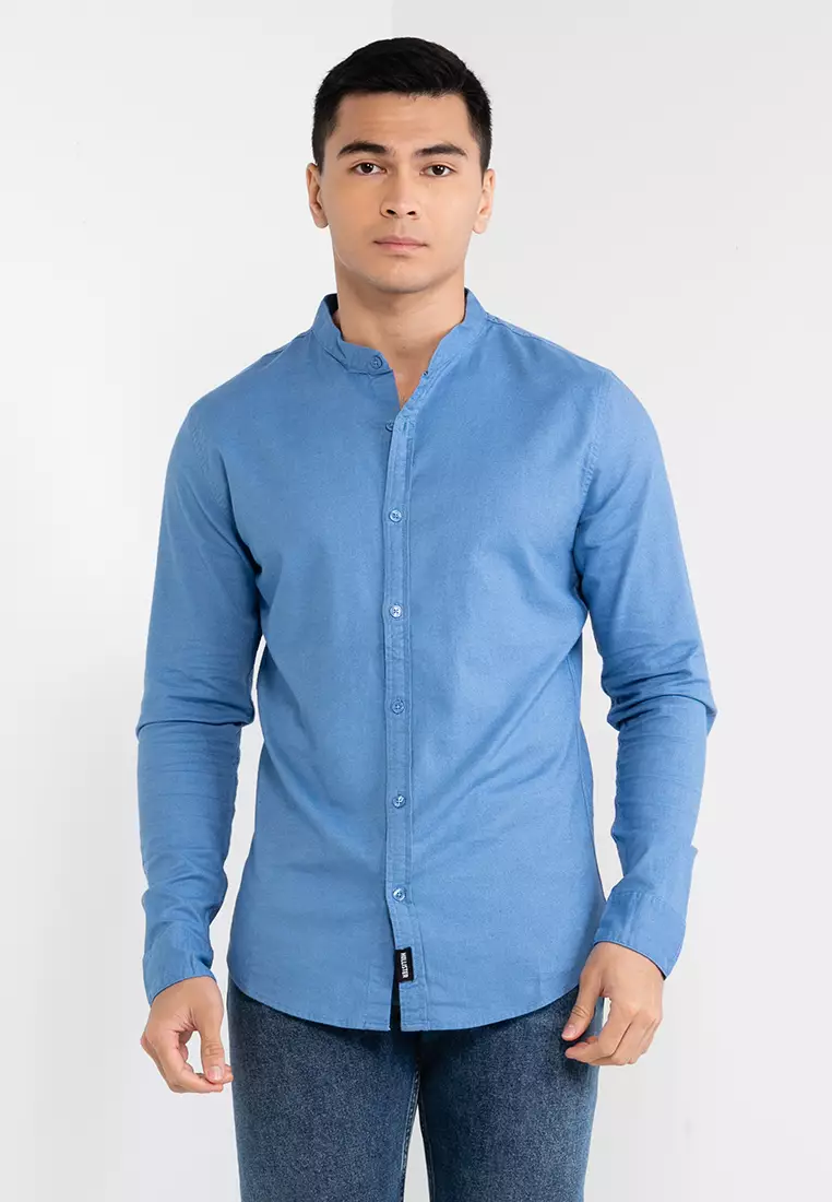 Blue collared shirt long sleeve clearance