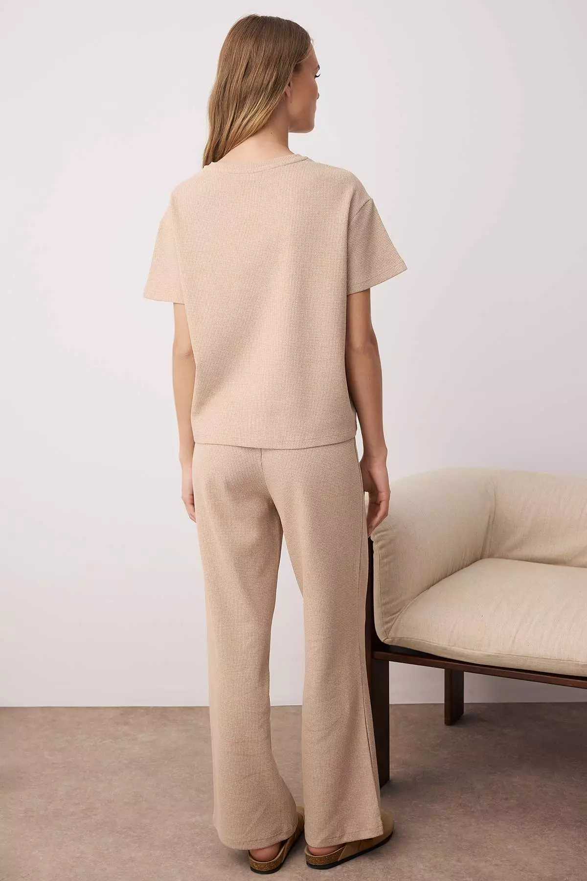 Beige Waist Tie Detailed Waffle Knit Pajama Set