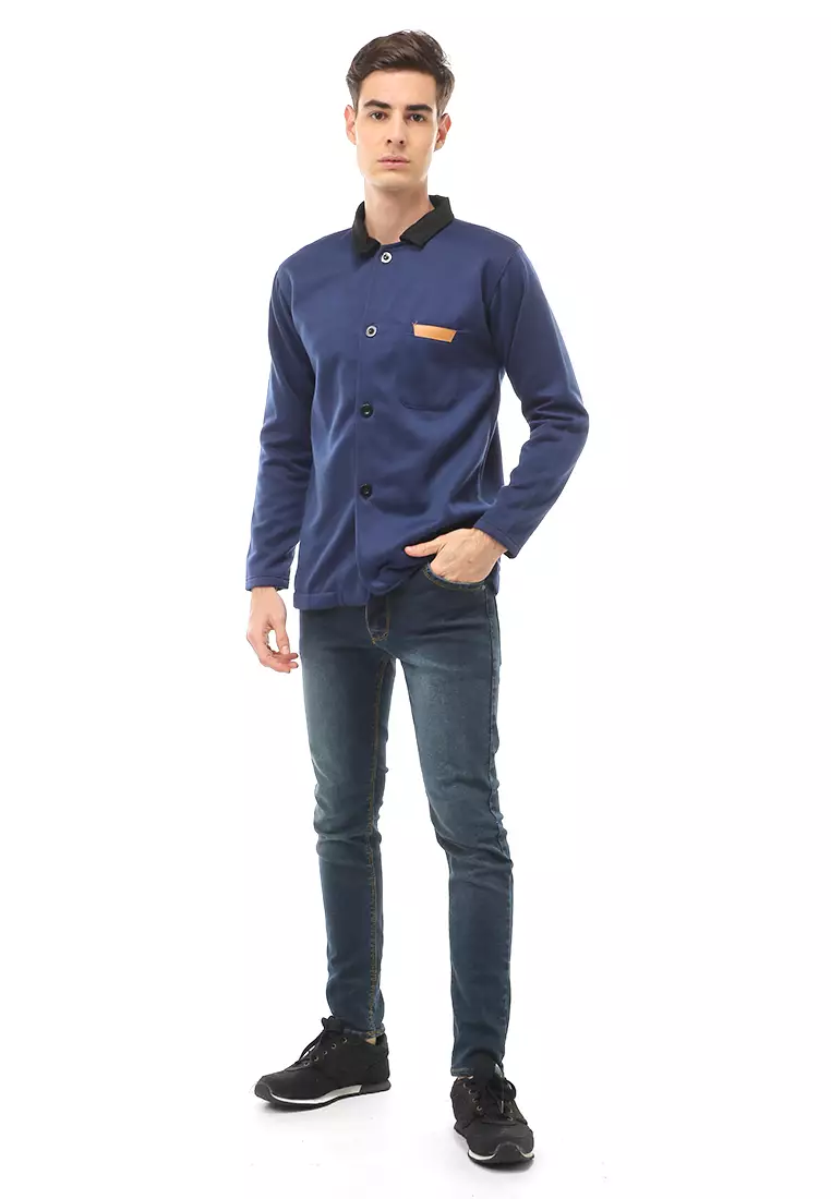 Woreq Atasan Formal Pria Outerwear Kemeja Blazer Lengan Panjang Material Fleece ORIGINAL - Navy