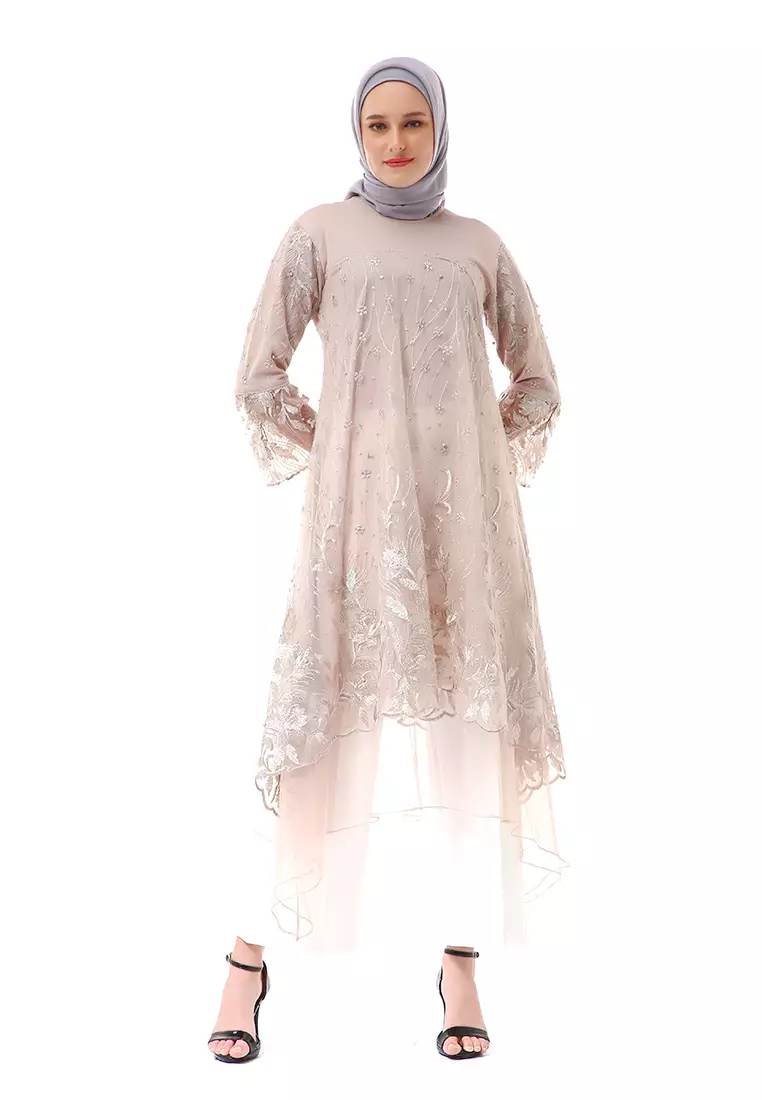 Laika Dress Muslimah Brukat Long Sleeve High Quality Premium Wanita - Nude