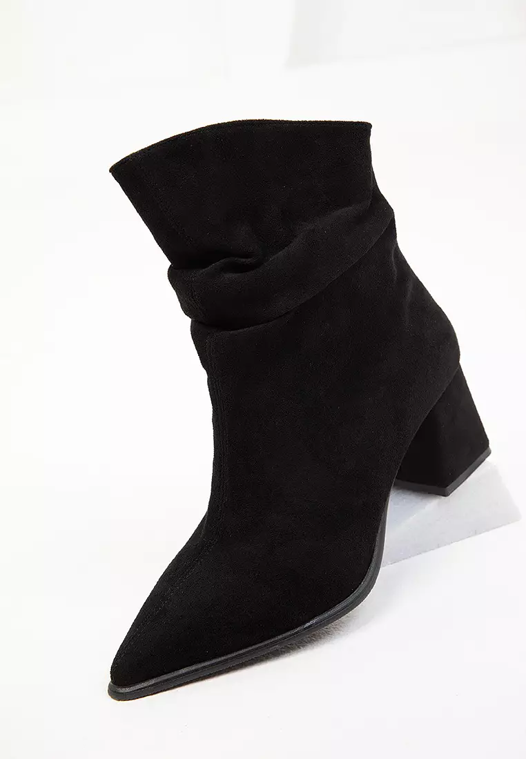 Ruched Pointed Toe Heeled Ankle Boots