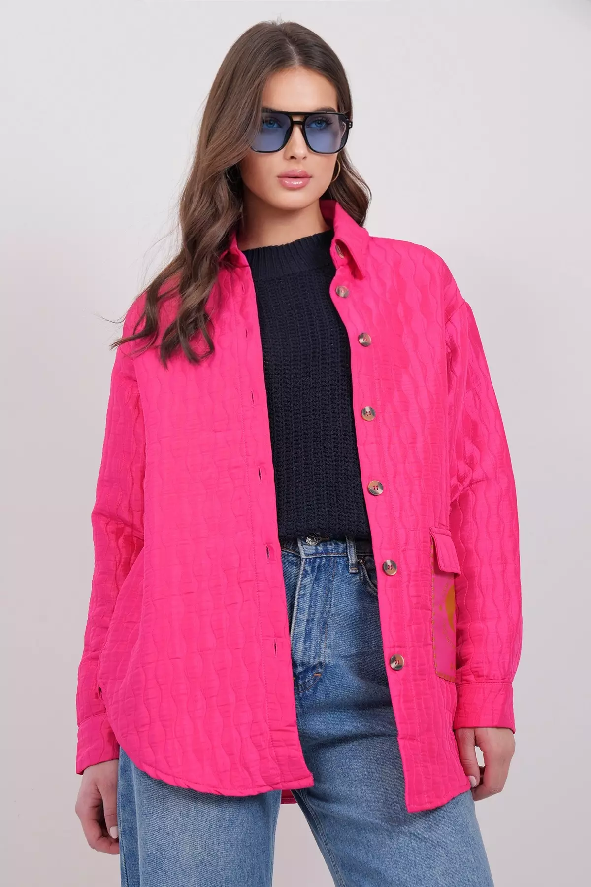 Women'S Fuchsia Pocket Detailed Quilted Shirt Jacket Alc-X14986