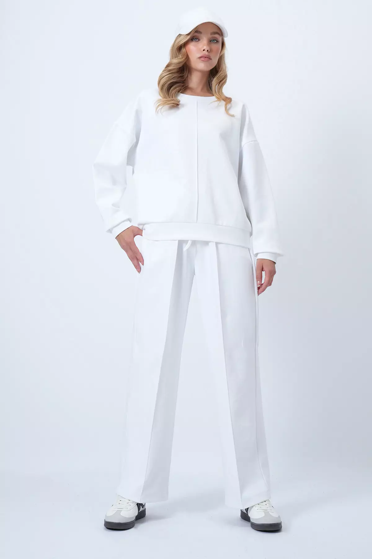 White Crew Neck Blouse With Ribbed Front And Double Pocket Trousers Set Alc-X14543