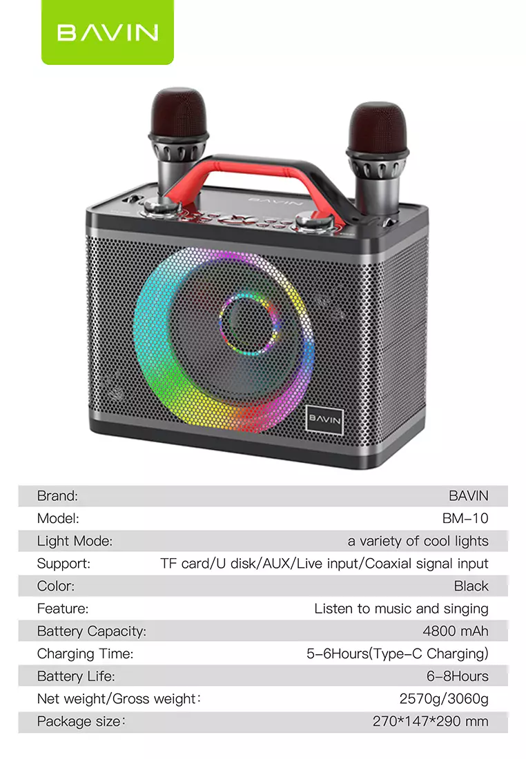 BAVIN BM10 Bluetooth Speaker with Mic Wireless Bluetooth Dual Microphone Karaoke Duet Speaker 3D Stereo Amplifier Party