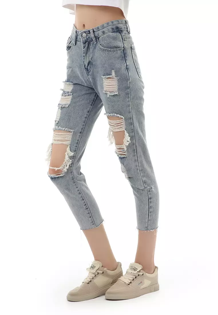 Jourel Celana Panjang Wanita HW Robek Cropped Material Jeans ORIGINAL