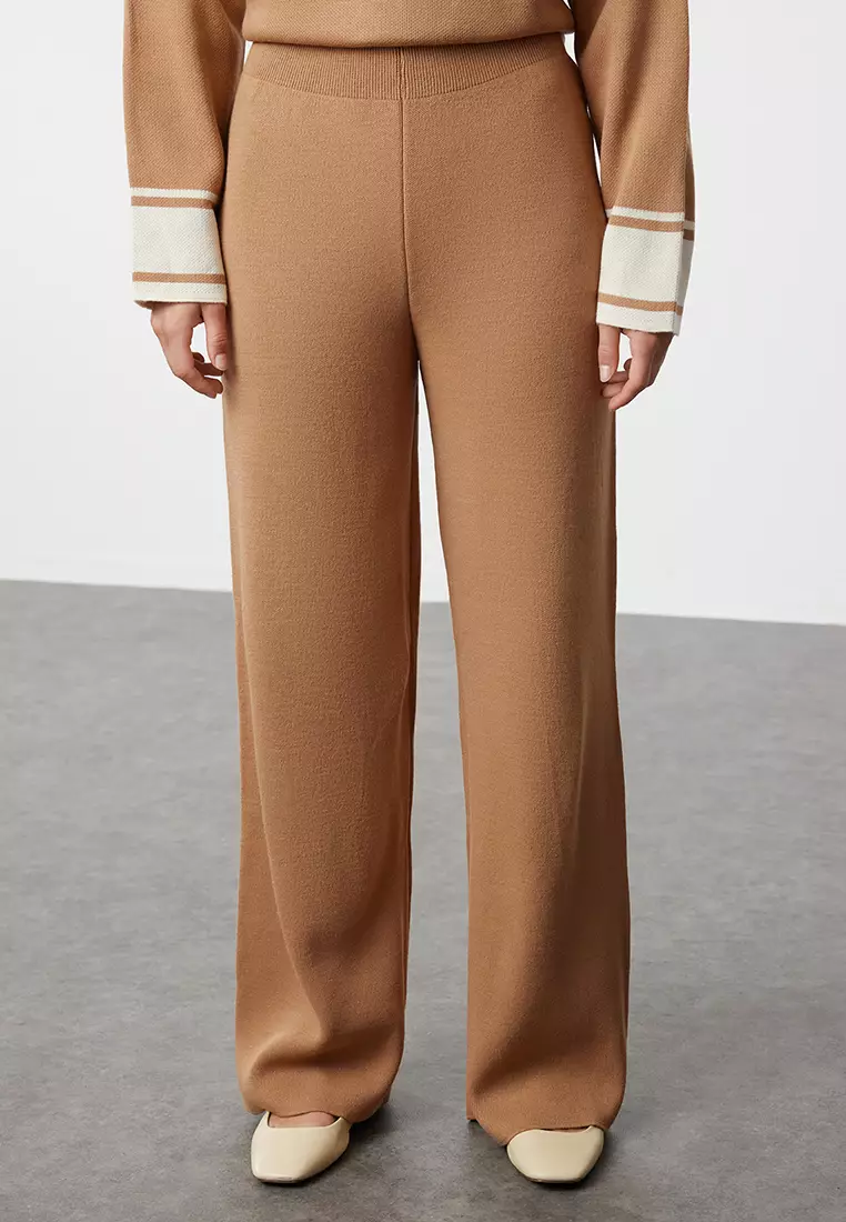 Camel Relaxed Cut Knitwear Striped Tunic-Pants Bottom-Top Set TCTAW24US00057
