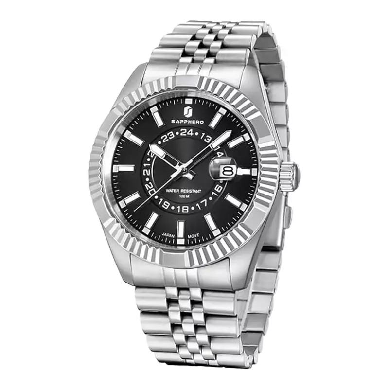 Jam Tangan Pria Sapphero SO-2101S-2SLVBLK Black Dial Stainless Steel Strap Quartz Watch 10 ATM Water Resistant