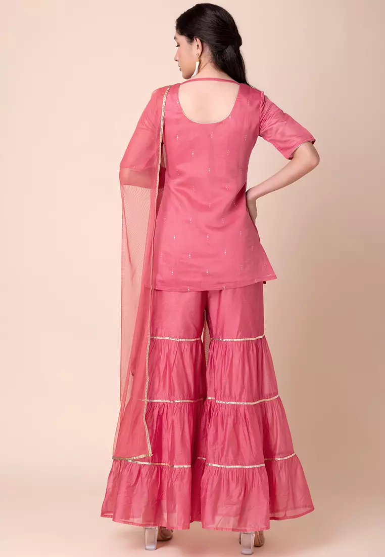 Peach Sharara With Short Embroidered Kurta And Dupatta (Set of 3)