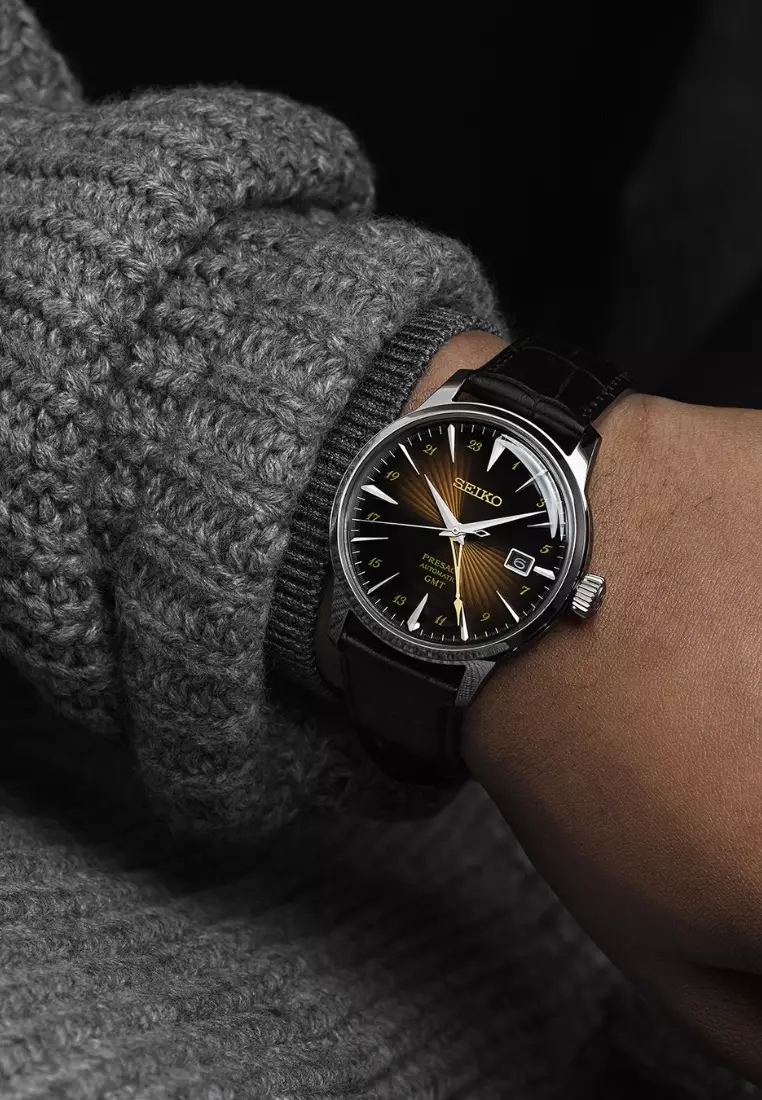 Seiko Presage ‘Rusty Nail’ Cocktail Time GMT Graduated Brown Dial Black Leather Band Automatic Watch SSK039J1