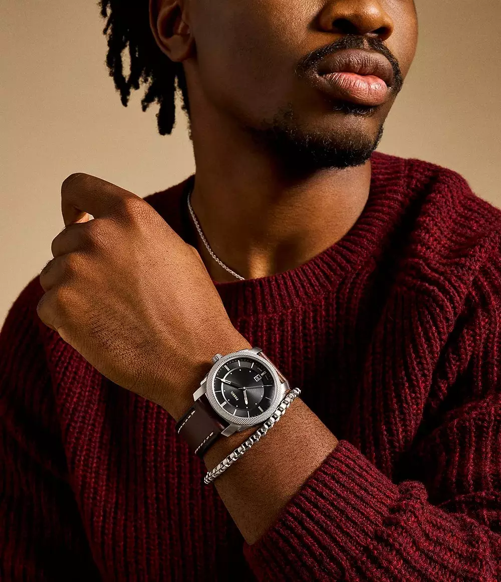 Fossil Machine Brown Leather Watch Bracelet Set Jam Pria 42MM FS6081SET