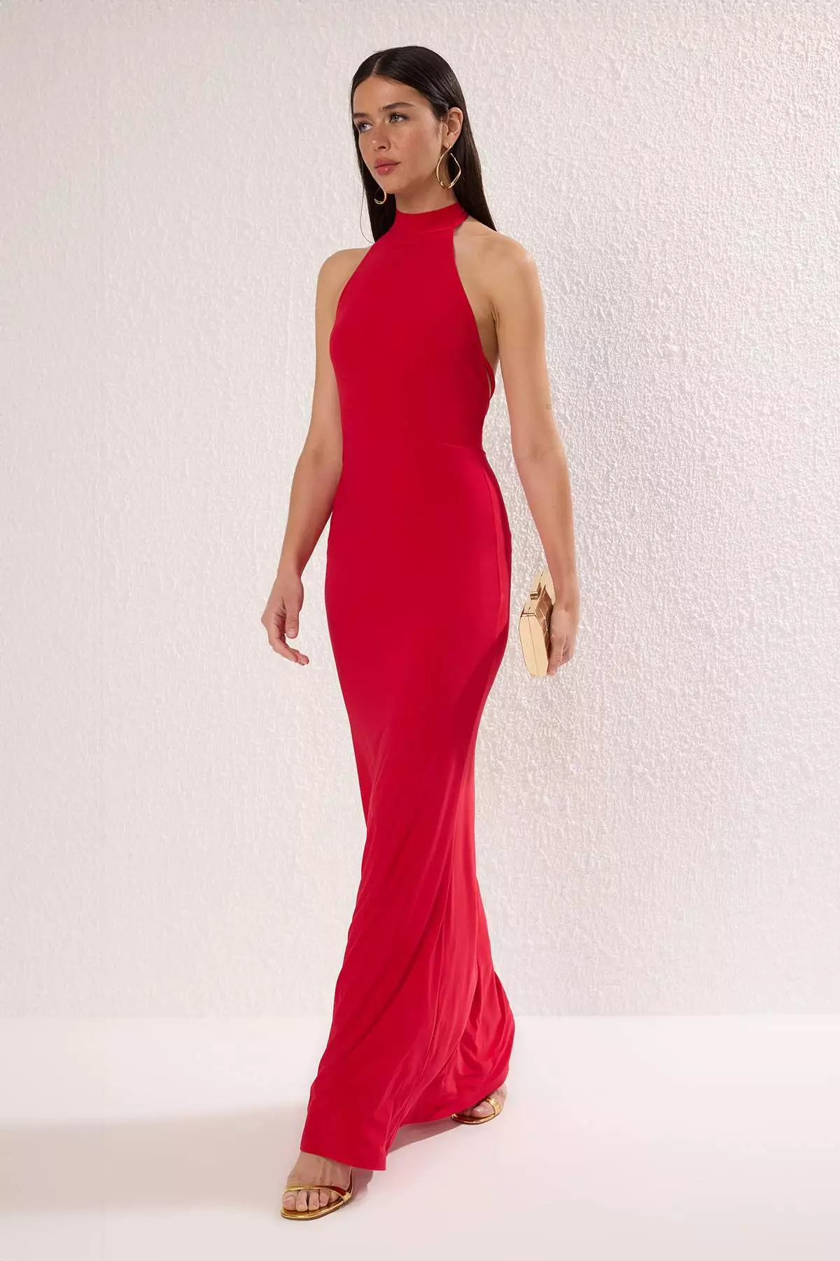 Red Buckle Detailed Maxi Stylish Evening Dress
