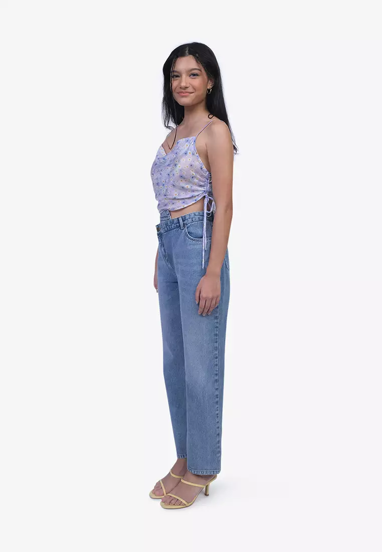 Daisy Print Cowl Neck Crop Top