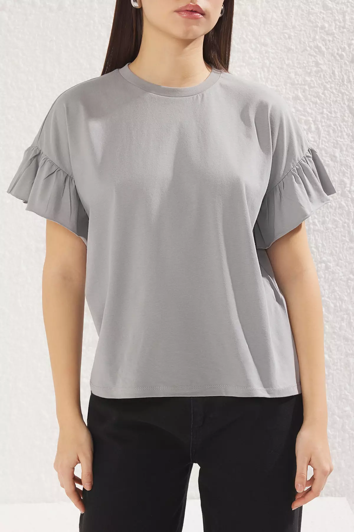 Ruffle Detailed Crew Neck T-Shirt