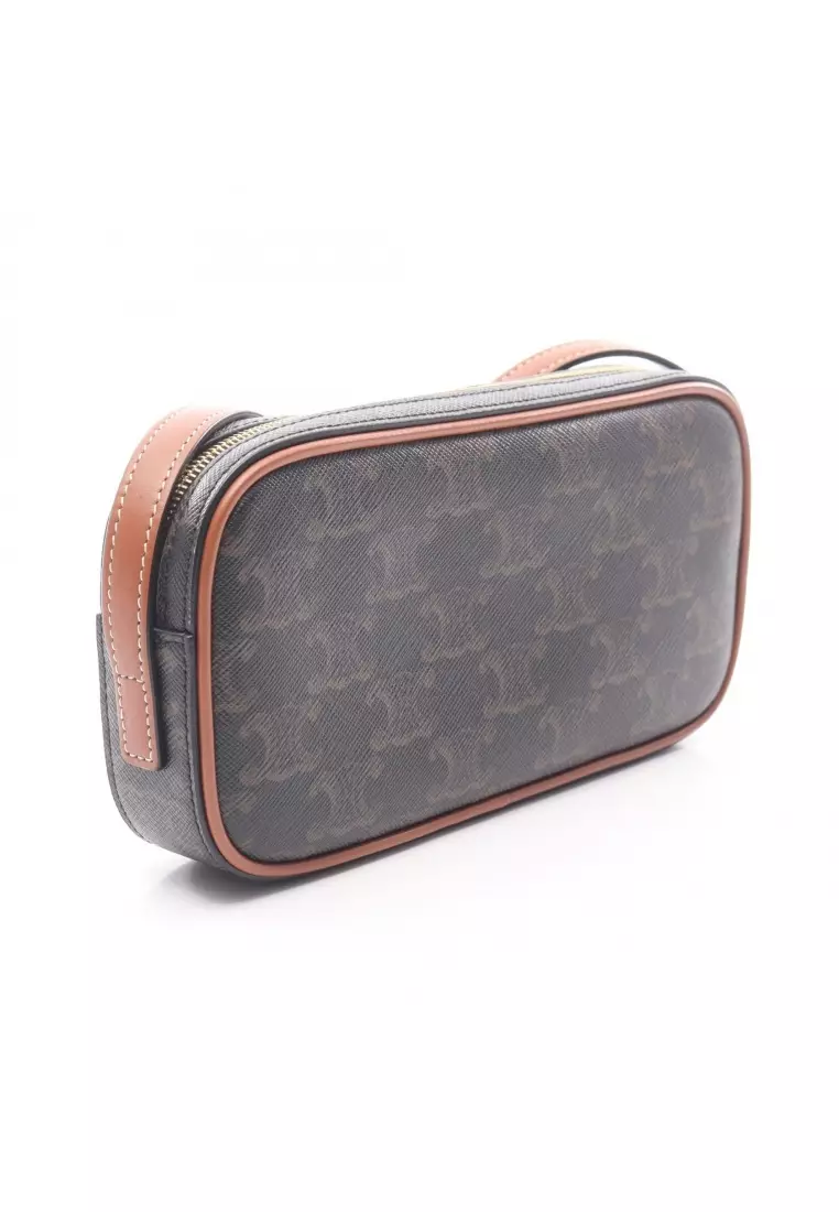 Pre-Loved Celine Cuill Triomphe mini camera bag one shoulder bag PVC leather black Brown multicolor