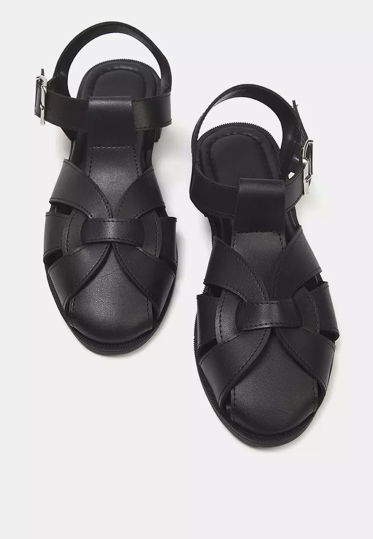 Black Flat Sole Round Toe Women's Closed Front Cage Sandals Takss25Sd00060
