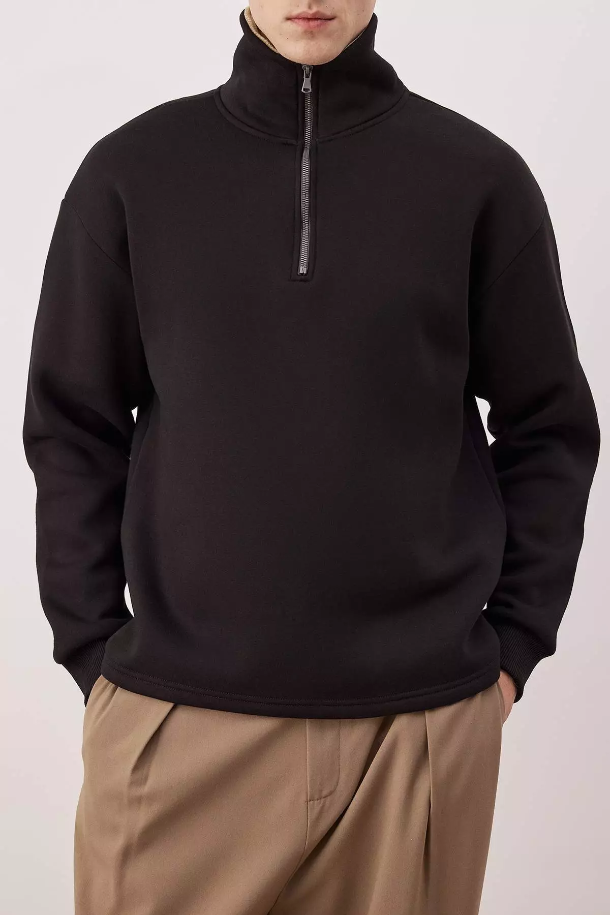 Black Collar Detailed Stand Collar New Oversize/Wide Cut Thick/Fleece Lined Sweatshirt Tmnaw26Sw00003