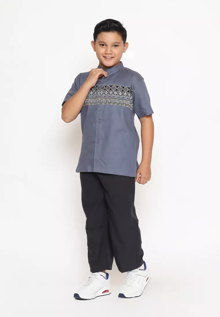Baju Koko Set Anak Laki Bordir Stone Grey - GENUINE