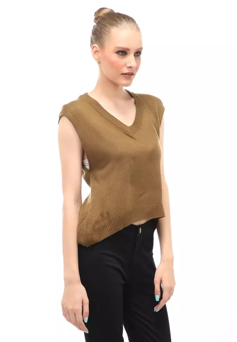 Vest Knit Atasan Wanita Sleeves Kerah V-neck Design Simple - Brown