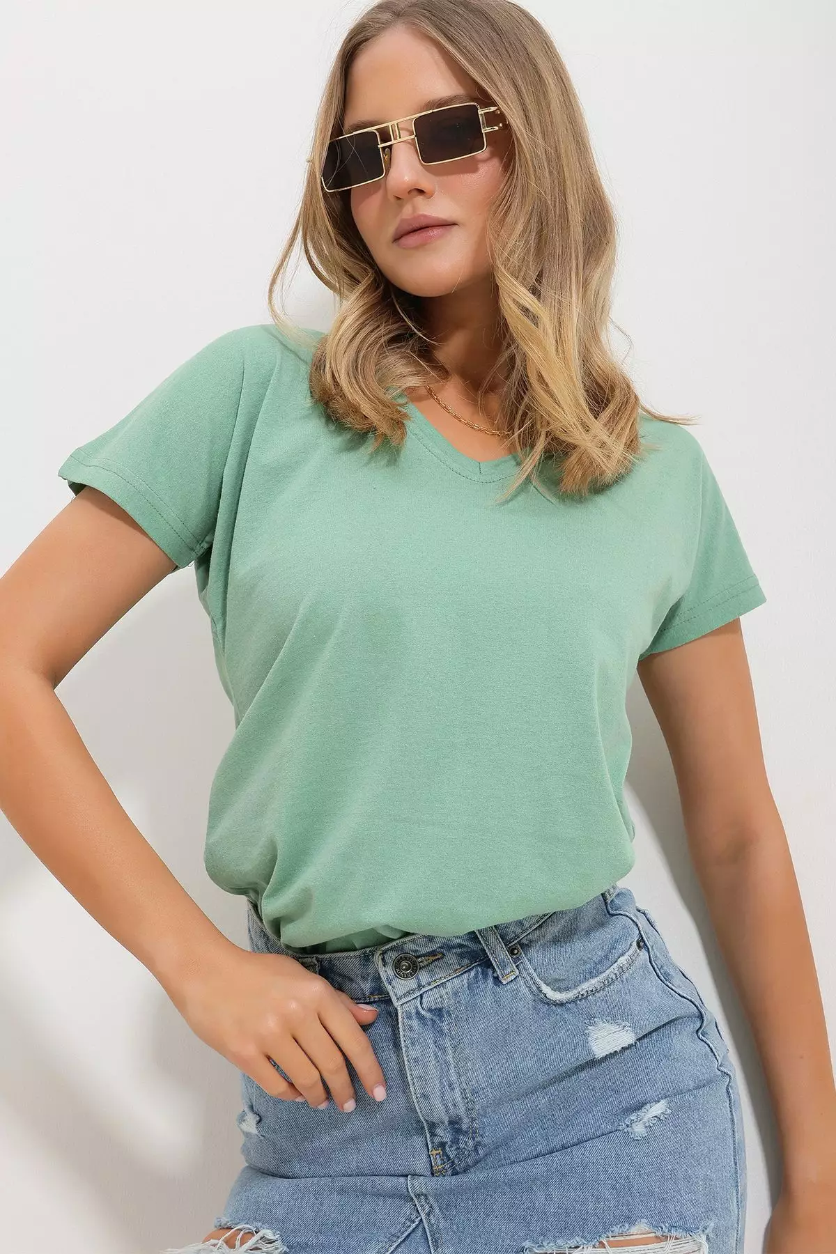 Women's Almond Green V-Neck Basic T-Shirt