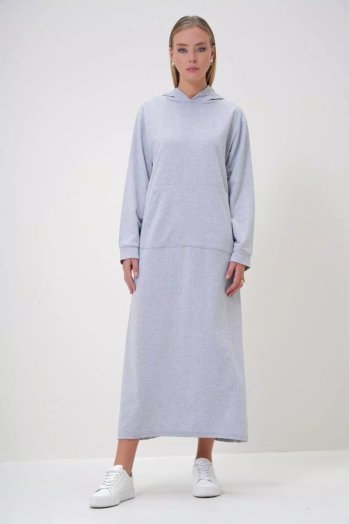 Women's Gray Hooded Kangru Pocket Double Yarn Maxi Dress