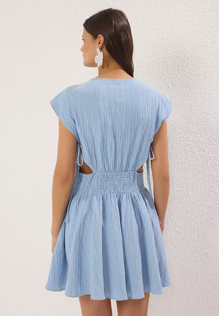 Blue Mini Woven Cut Out/Window Linen Blend Beach Dress TBESS24EL00075