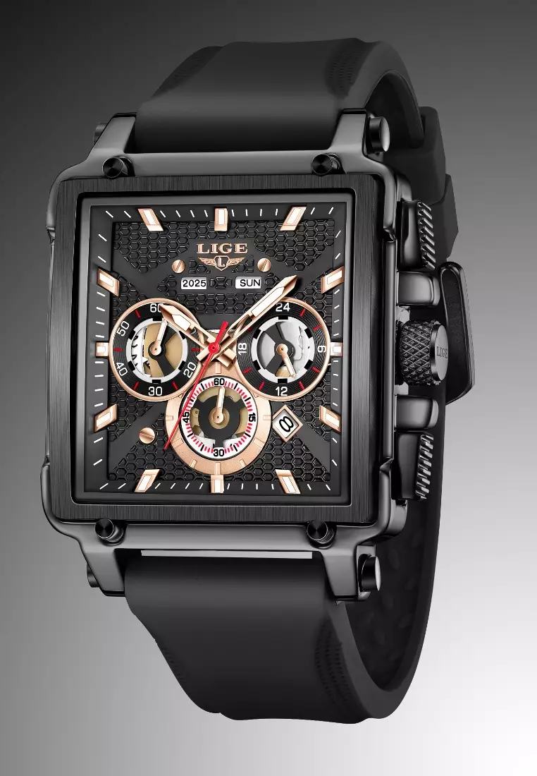 Unisex Chronograph IP Pink Gold Color Metal Alloy Quartz Watch, 44mm W x 44mm H, Silicone Strap