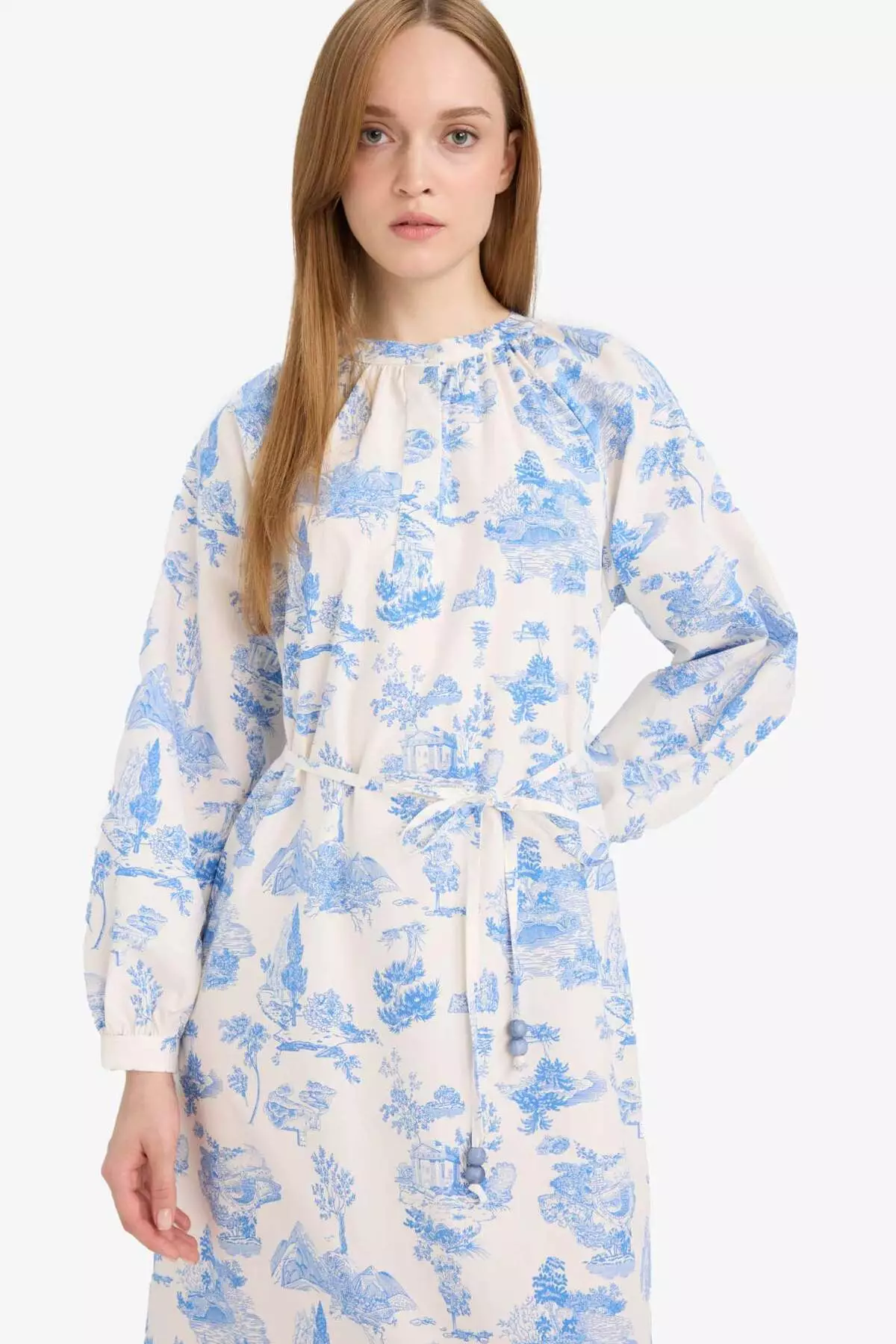 寬鬆剪裁圓領花卉府綢綁帶長袖長裙 F4554Ax25Hs