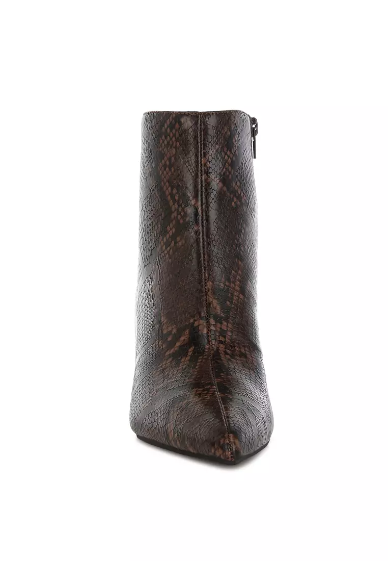 Snake Print Kitten Heel Boots in Chocolate