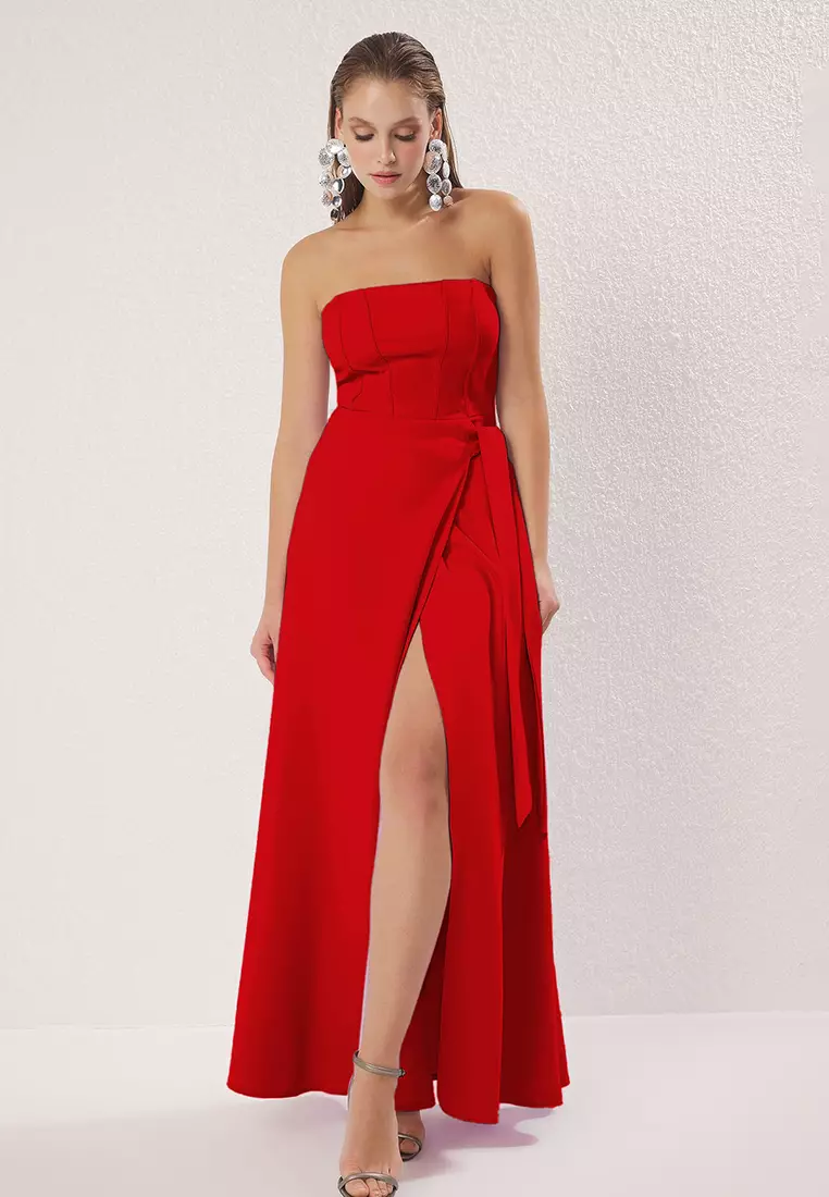 Red Strapless Back Detail Long Stylish Evening Dress