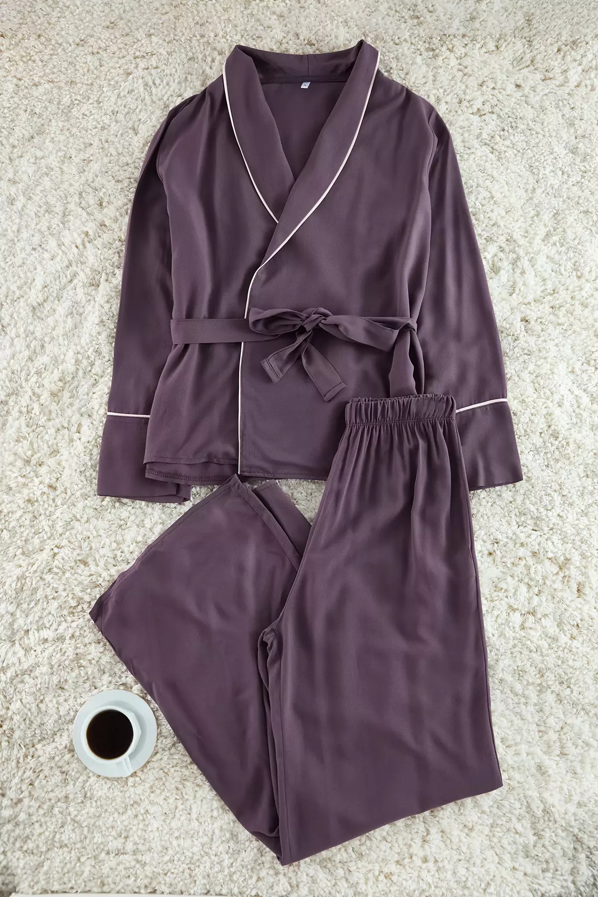 Plum Belted Piping Detailed Double Breasted Viscose Woven Pajama Set Thmaw22Pt1109
