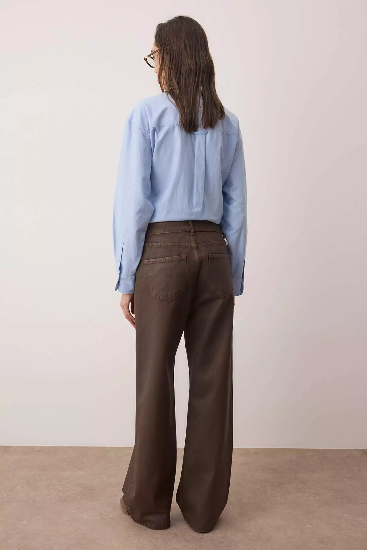 Brown Regular Waist Denim Coated Detailed Leather Look Wide Leg Jeans Twoaw26Je00117