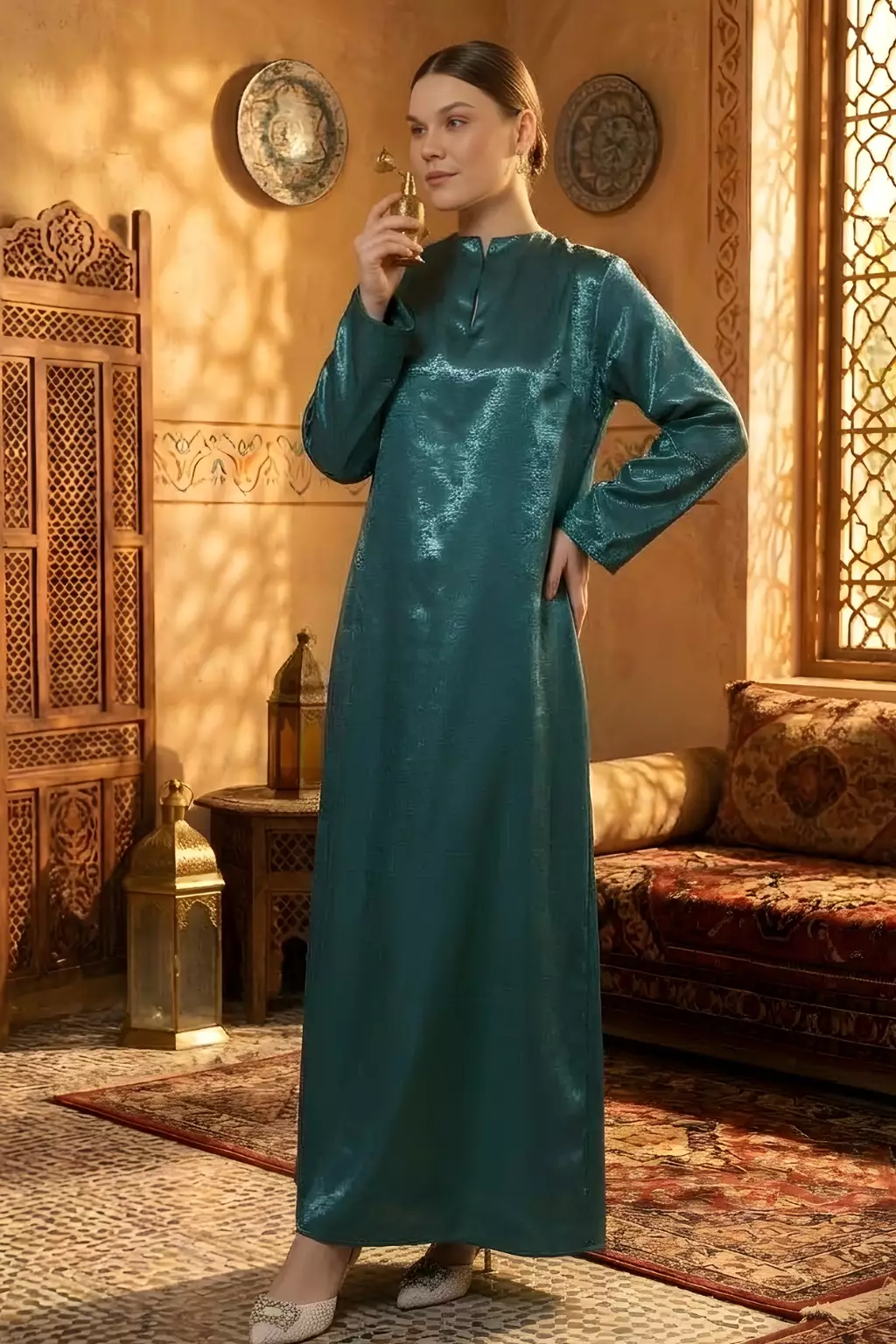 Demure Signature - KAFTAN IN SHIMMER JADE GREEN - MIKADO PREMIUM FABRICS - FESTIVE