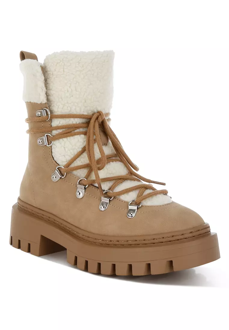 Fleece & Faux Leather Boots in Tan