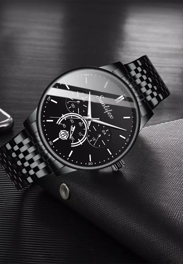 Jam Tangan Pria Original Bisnis Anti Air Kuarsa Jam Pria Calendar Tali Stainless Steel Jam Tangan Cowok 9007 black white