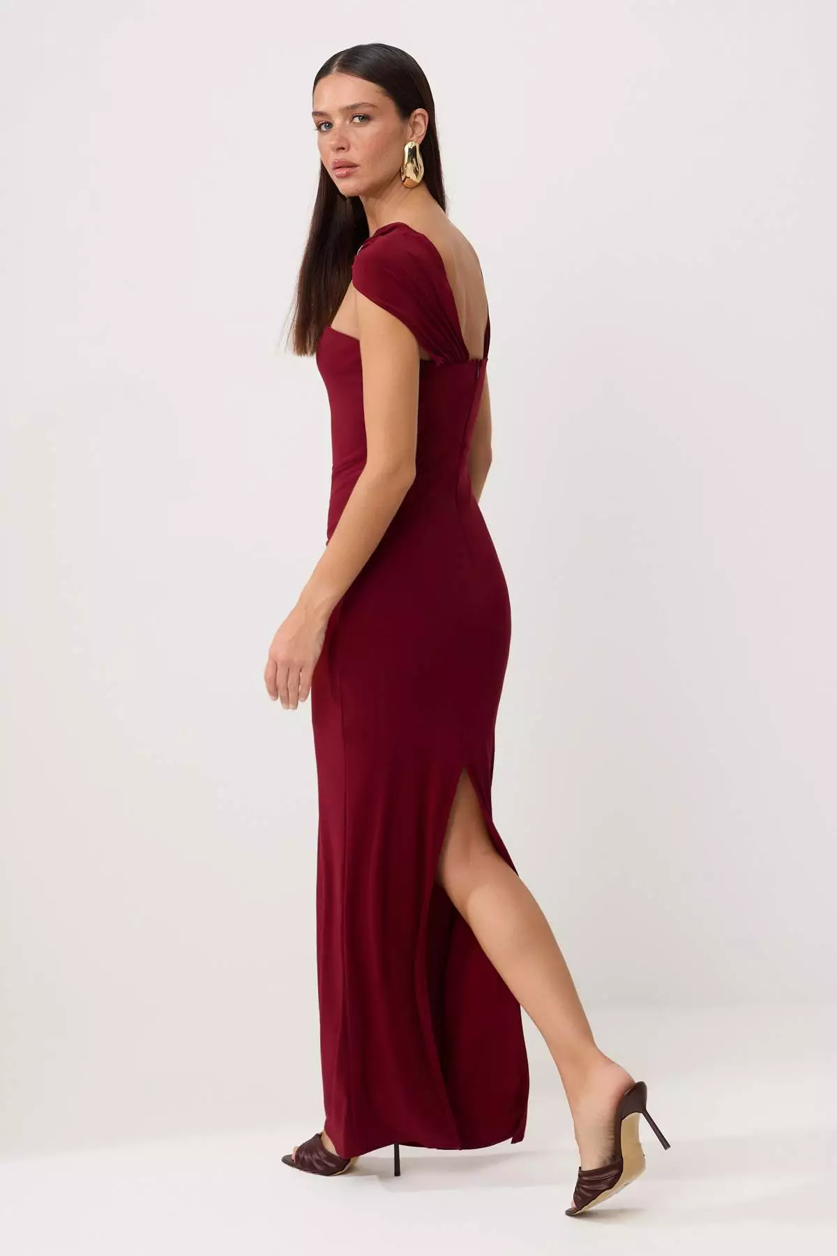 Burgundy Plain Woven Sandy Maxi Evening Dress & Graduation Dress